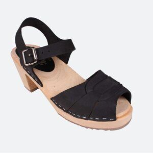 Lotta From Stockholm Peep Toe Clogs Black Nubuck High Wood Sandal size 40